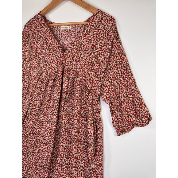 Natural Life Dress Womens Medium Red Pink Floral Rayon Knee Length Boho Peasant - Picture 3 of 14